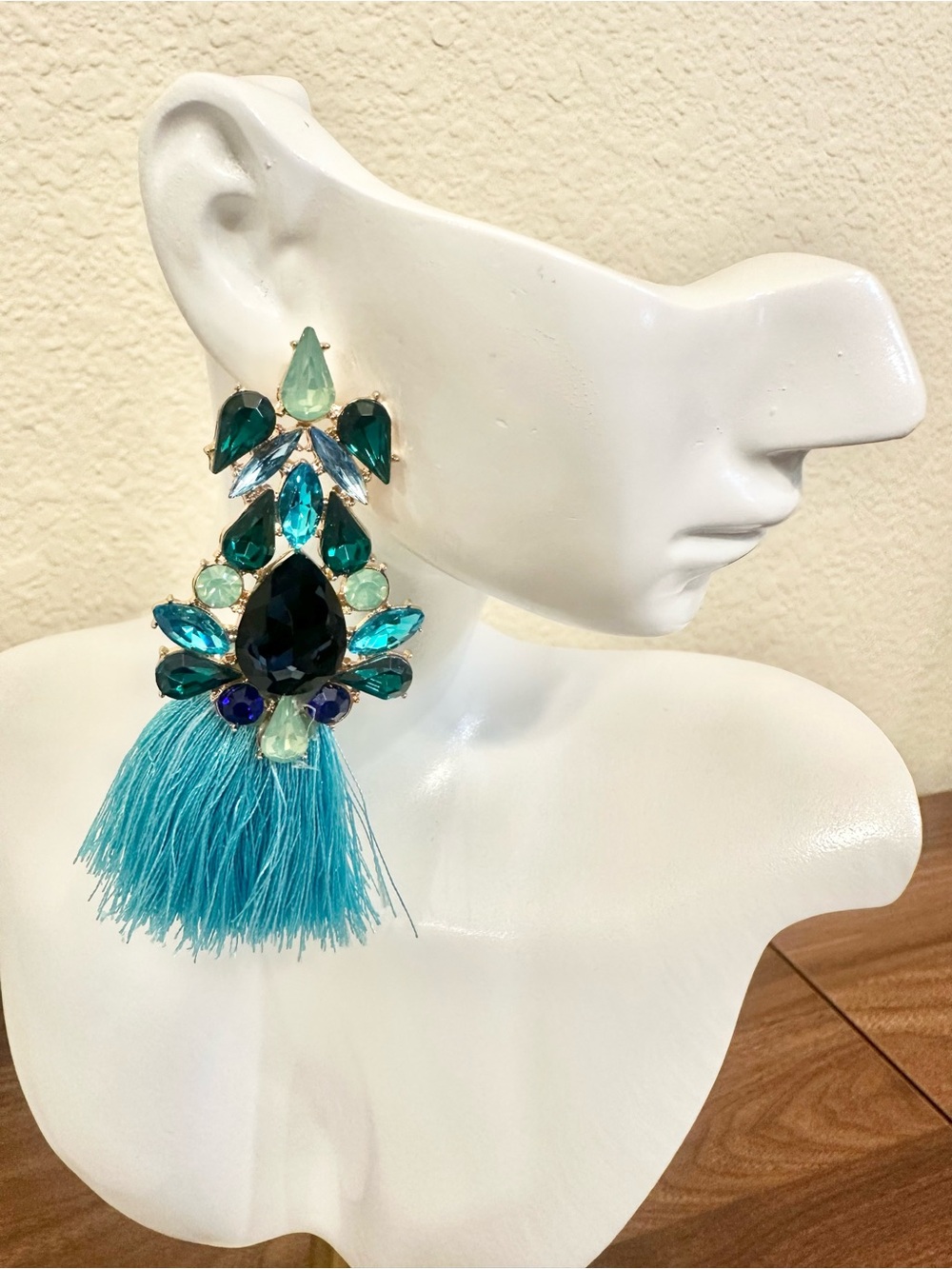 Teal Crystal Tassel Statement Earrings